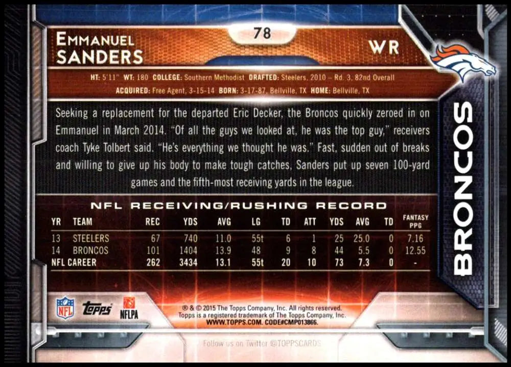2015 Topps #78 Emmanuel Sanders NM-MT Denver Broncos Football Card - Football Card Single