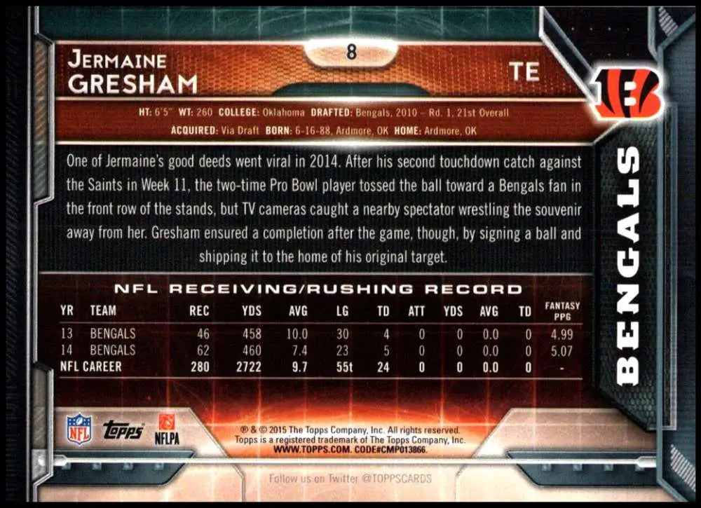 2015 Topps #8 Jermaine Gresham NM-MT Cincinnati Bengals Football Card - Football Card Single