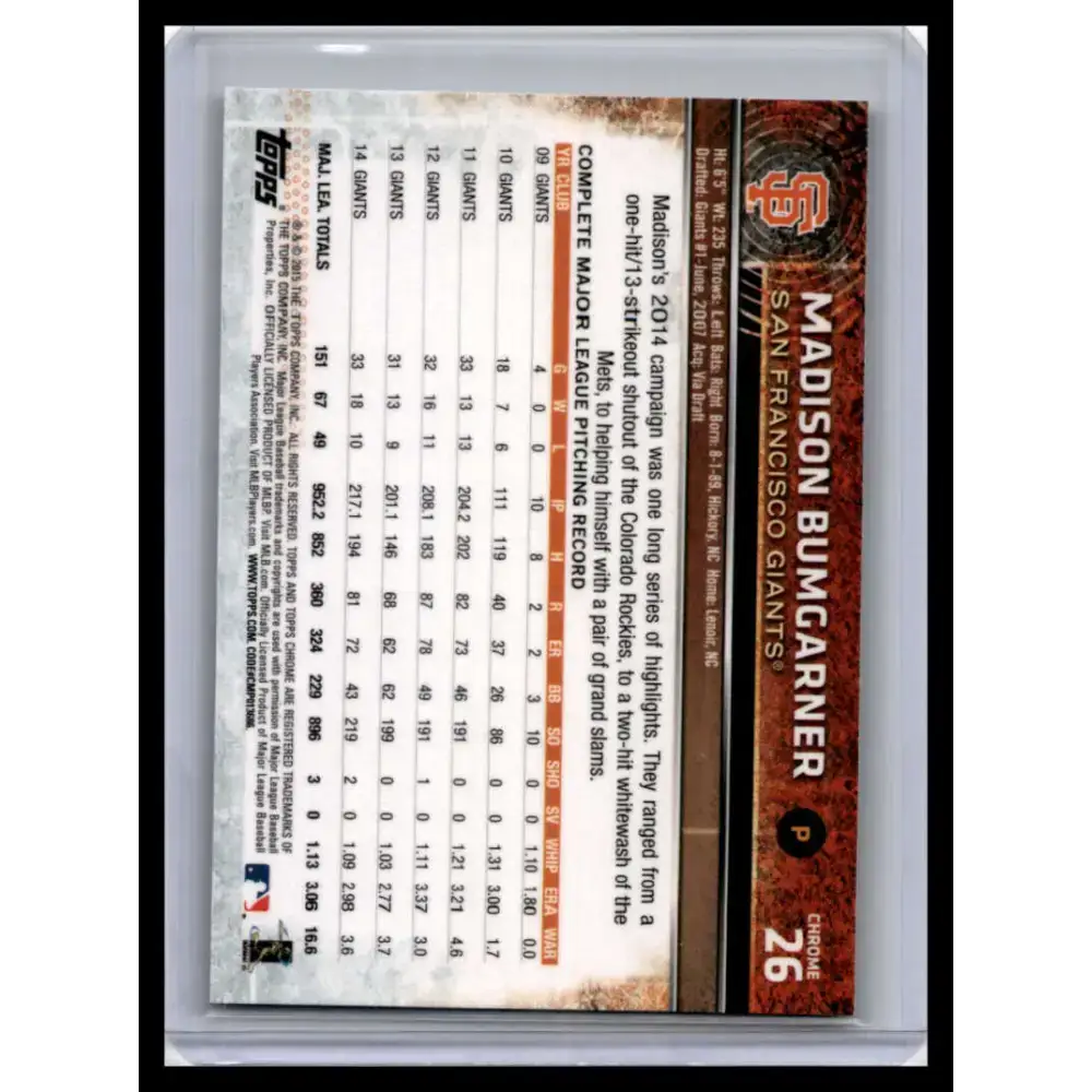 2015 Topps Chrome #26 Madison Bumgarner NM-MT San Francisco Giants Baseball Card - Baseball Card Single