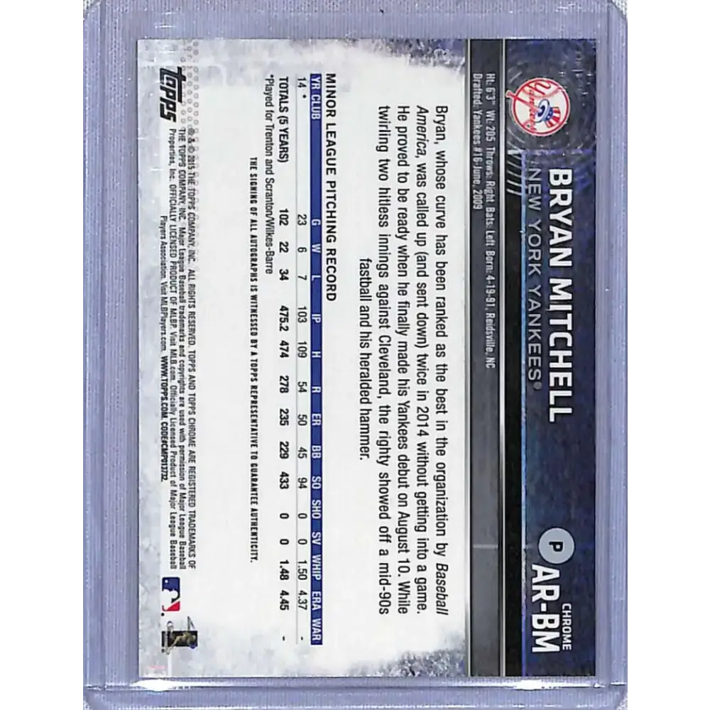 2015 Topps Chrome #AR-BM Bryan Mitchell Autographed Rookies NM-MT Baseball Card - Baseball Card Single