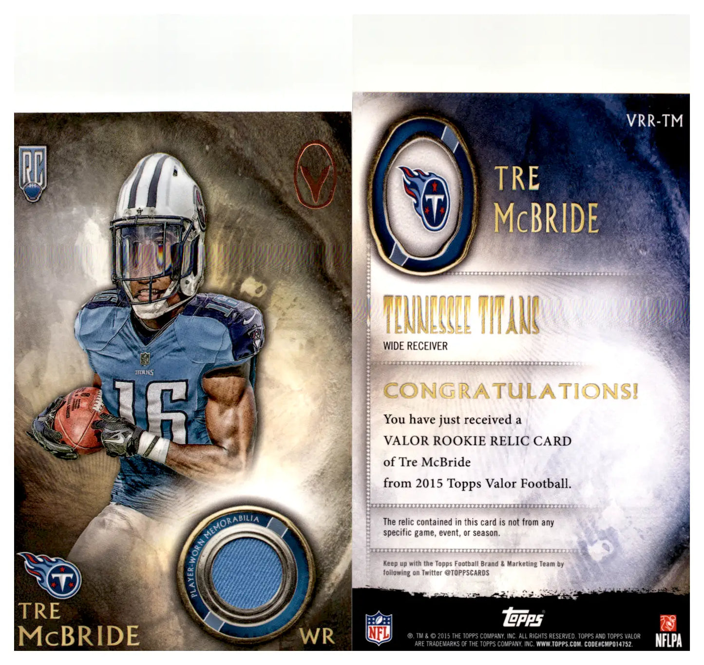 2015 Topps Valor Football Tre McBride Tennessee Titans Rookie Relic Card #VRR-TM - Football Card Single