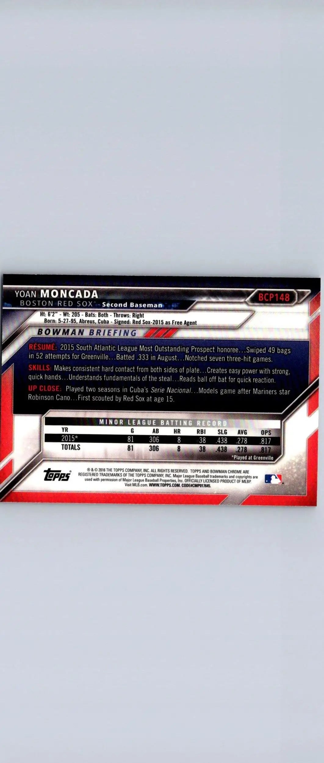 Baseball card back of 2016 Bowman BCP148 Yoan Moncada Chrome Prospects collectible
