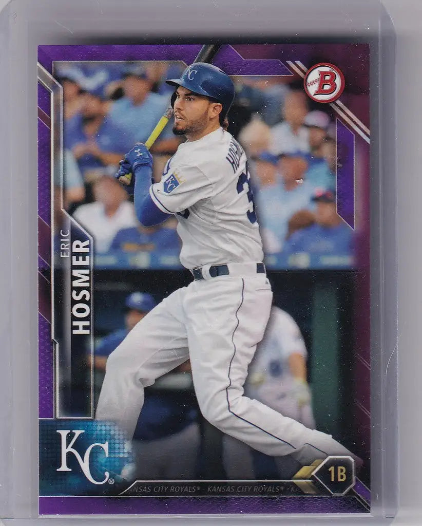 Baseball card of Eric Hosmer Kansas City Royals player in white uniform at bat