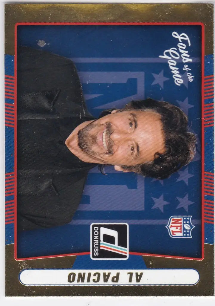 Trading card of smiling Al Pacino on blue background for Pacino Gold Fans product
