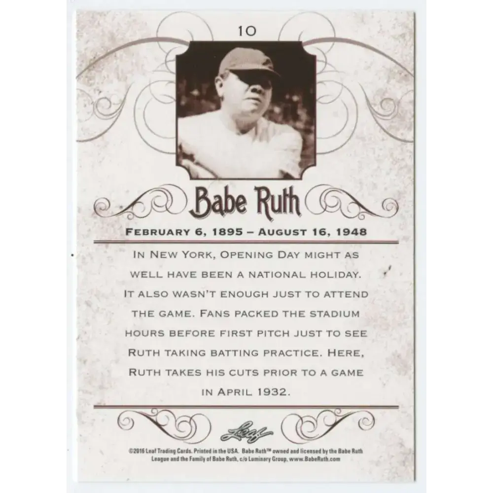 2016 Leaf Babe Ruth Collection #10 Babe Ruth NM-MT Baseball Card - Baseball Card Single