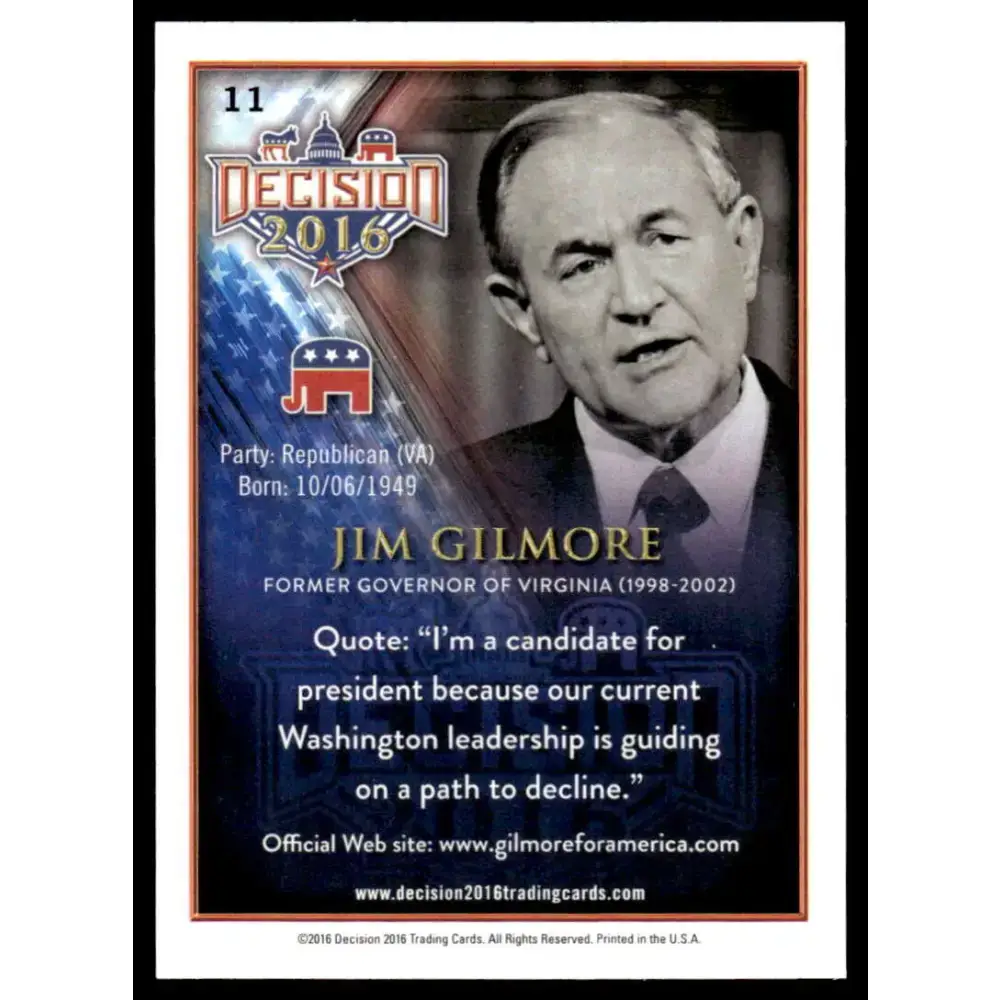 2016 Leaf Decision 2016 #11 Jim Gilmore NM-MT Political Trading Card - Political Trading Card Single