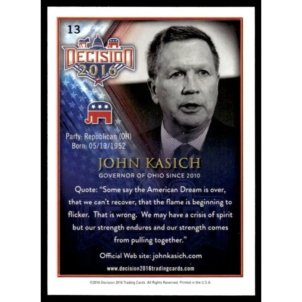 2016 Leaf Decision 2016 #13 John Kasich NM-MT Political Trading Card - Non-Sports Card Single