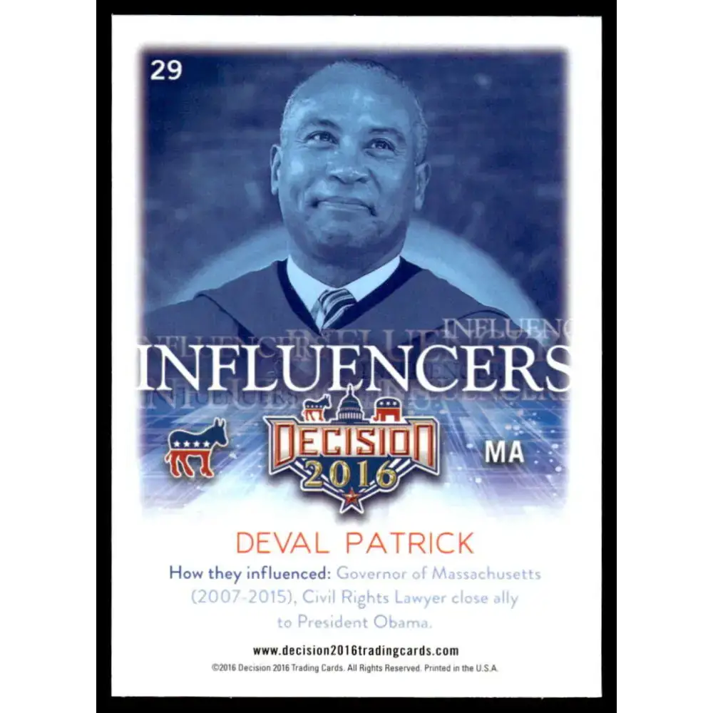 2016 Leaf Decision 2016 #29 Deval Patrick NM-MT Political Trading Card - Non-Sports Card Single