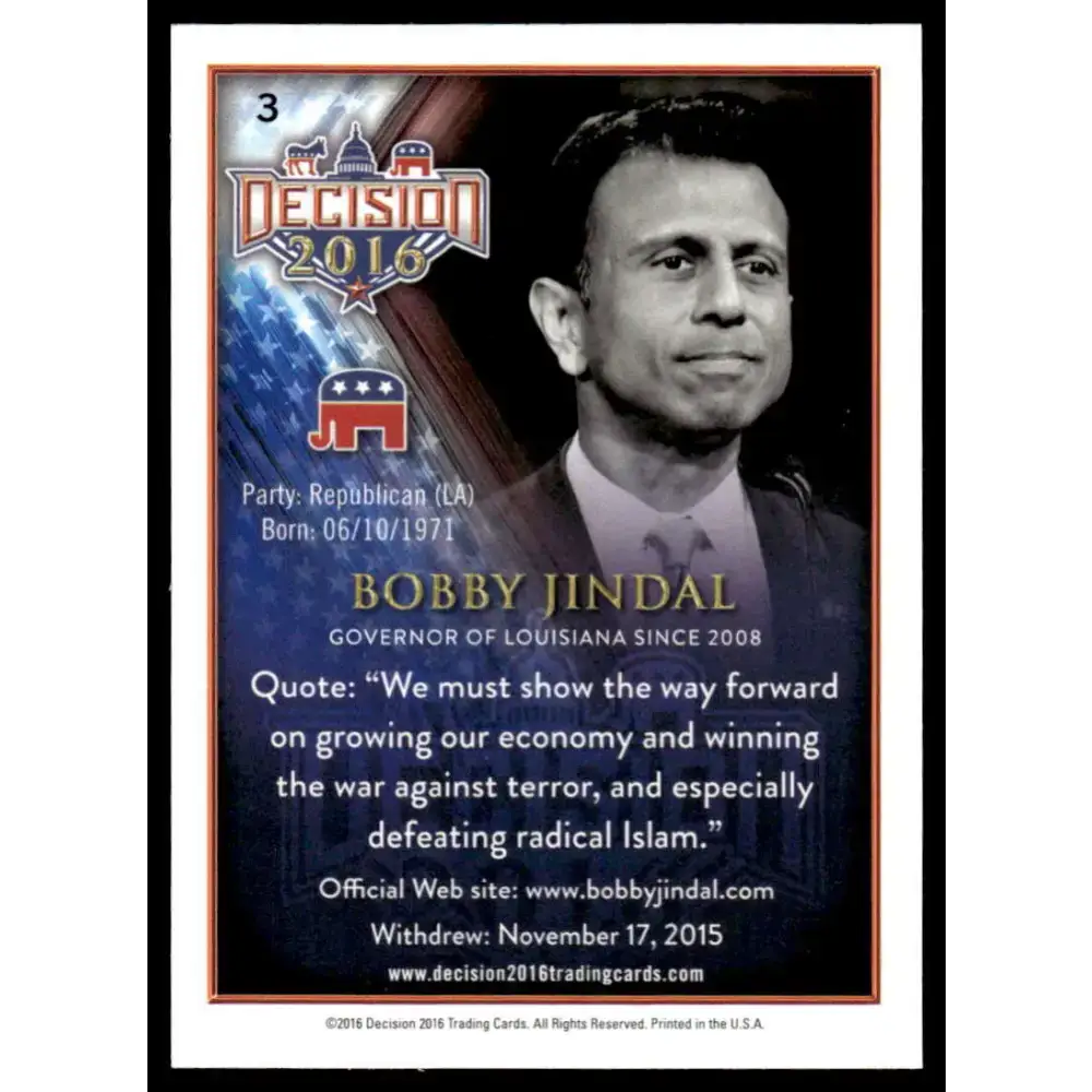 2016 Leaf Decision 2016 #3 Bobby Jindal NM-MT Political Trading Card - Non-Sports Card Single