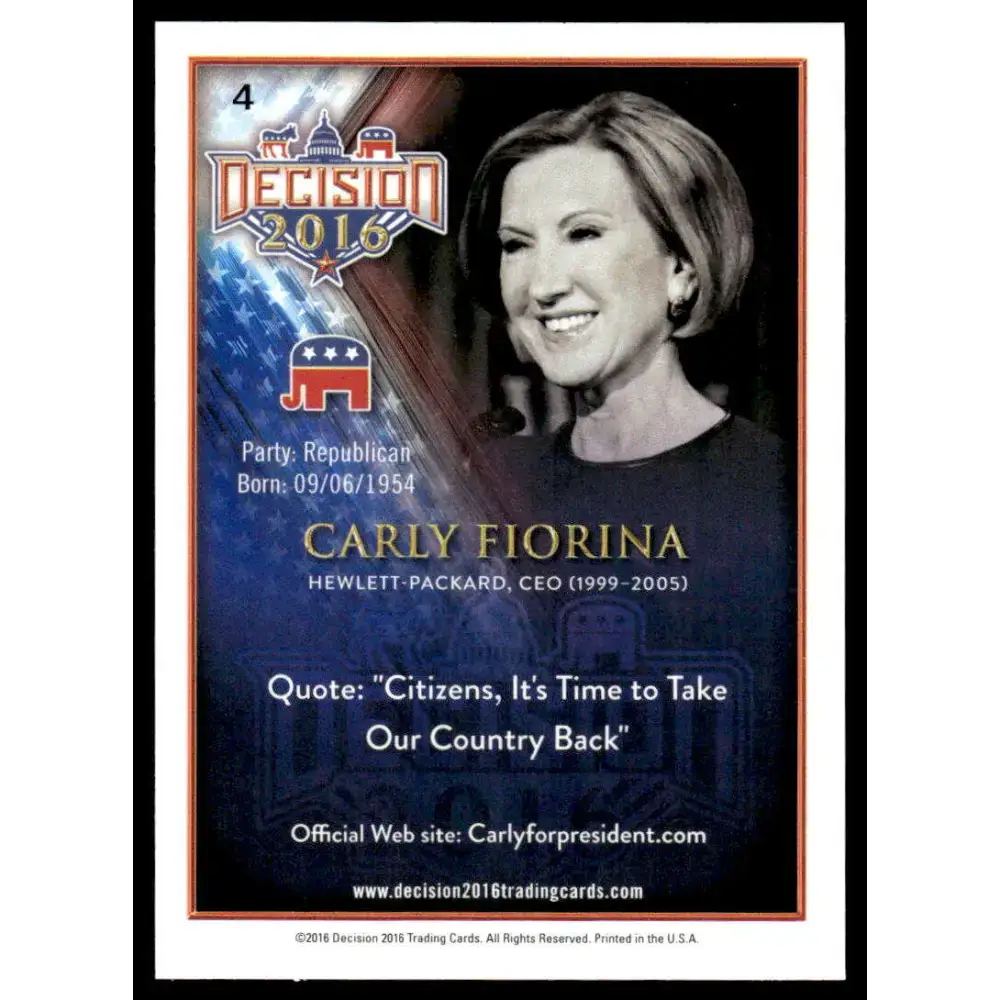 2016 Leaf Decision 2016 #4 Carly Fiorina NM-MT Political Trading Card - Political Trading Card Single