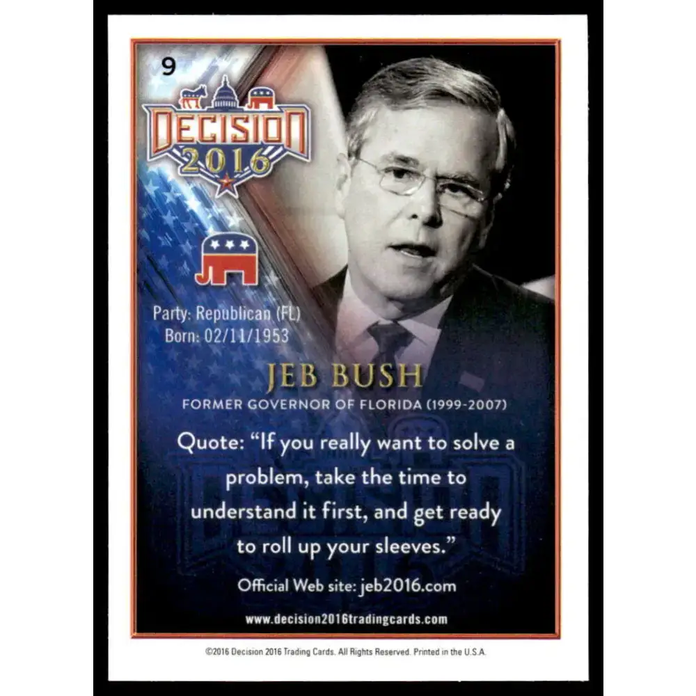 2016 Leaf Decision 2016 #9 Jeb Bush NM-MT Political Trading Card - Non-Sports Card Single