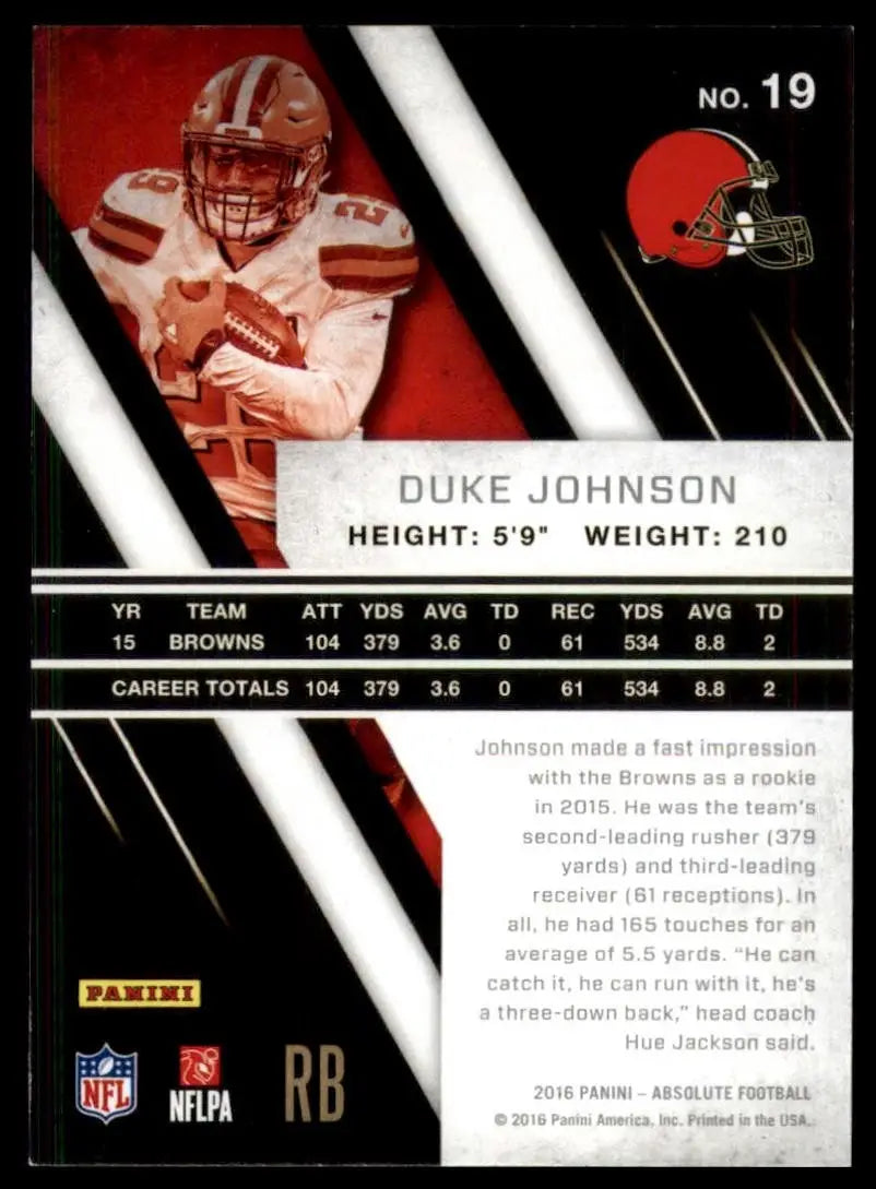 2016 Panini Absolute Duke Johnson #19 Cleveland Browns Football Card NFL Sports - Football Card Single