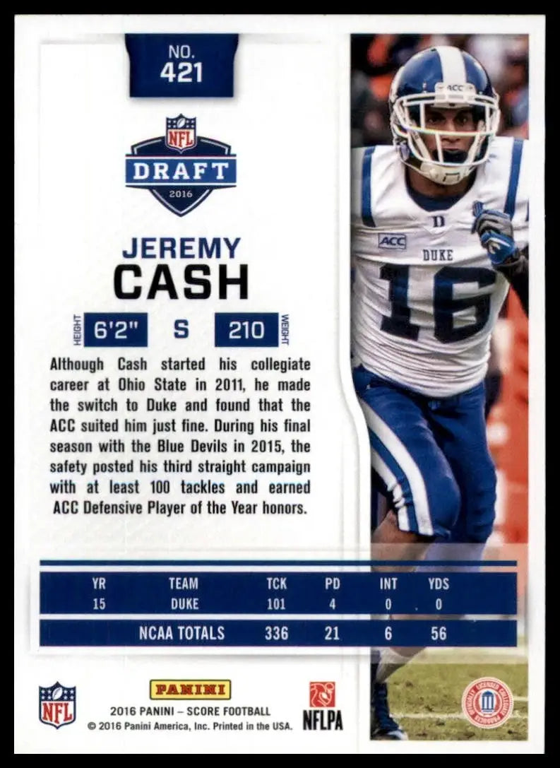 2016 Score Rookies Jeremy Cash #421 Duke Blue Devils Football Card NFL Sports - Football Card Single