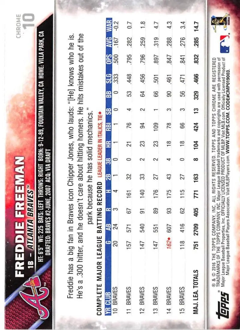 2016 Topps Chrome #10 Freddie Freeman NM-MT Atlanta Braves Baseball Card - Baseball Card Single