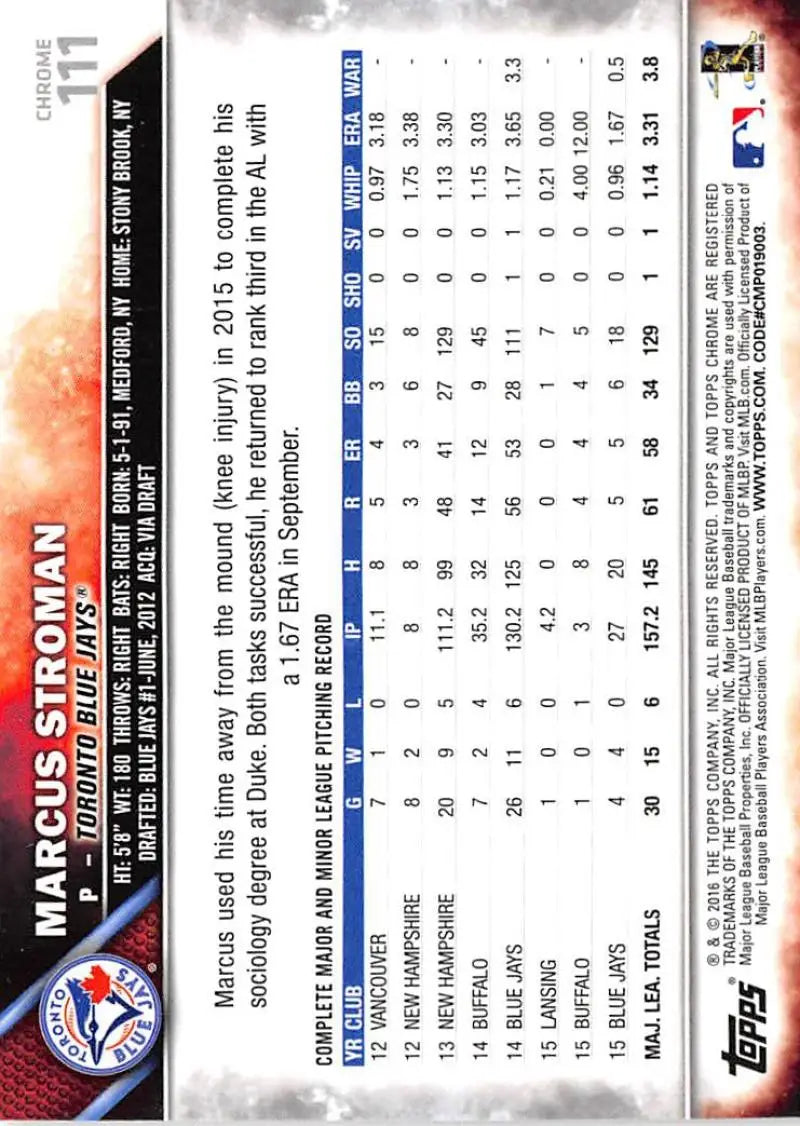 2016 Topps Chrome #111 Marcus Stroman NM-MT Toronto Blue Jays Baseball Card - Baseball Card Single