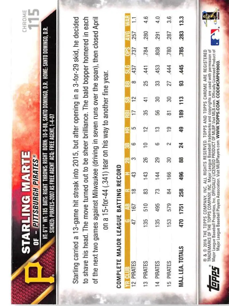 2016 Topps Chrome #115 Starling Marte EX Excellent Pittsburgh Pirates Baseball Card - Baseball Card Single