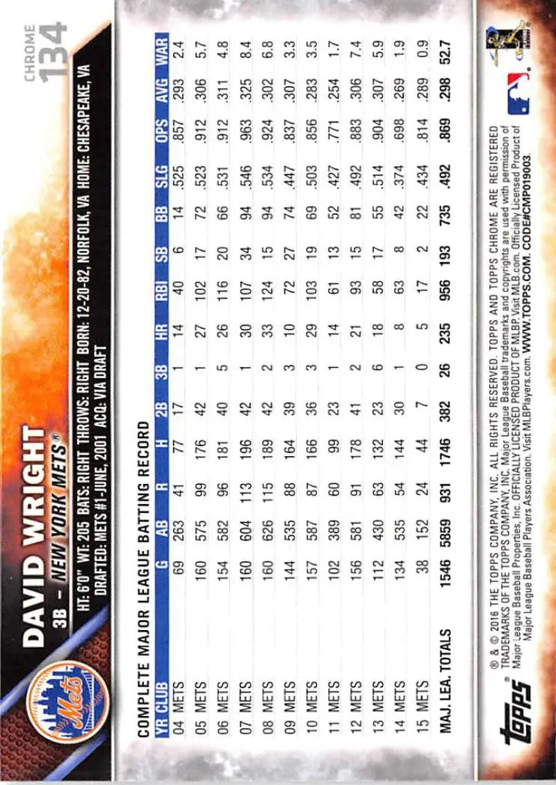2016 Topps Chrome #134 David Wright NM-MT New York Mets Baseball Card - Baseball Card Single