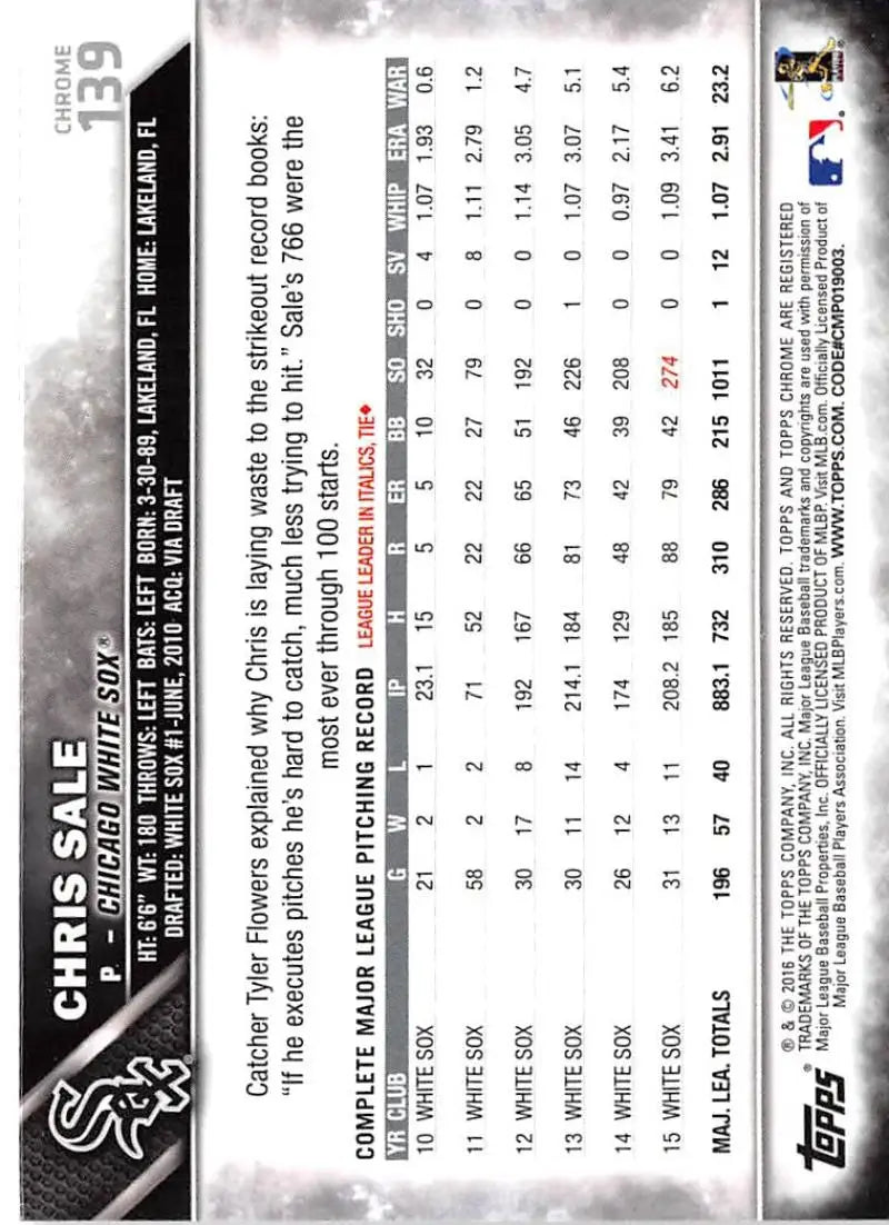 2016 Topps Chrome #139 Chris Sale NM-MT Chicago White Sox Baseball Card - Baseball Card Single
