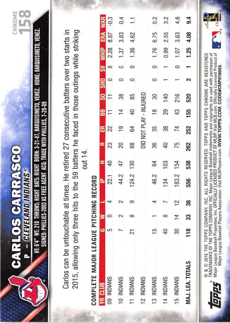 2016 Topps Chrome #158 Carlos Carrasco NM-MT Cleveland Indians Baseball Card - Baseball Card Single