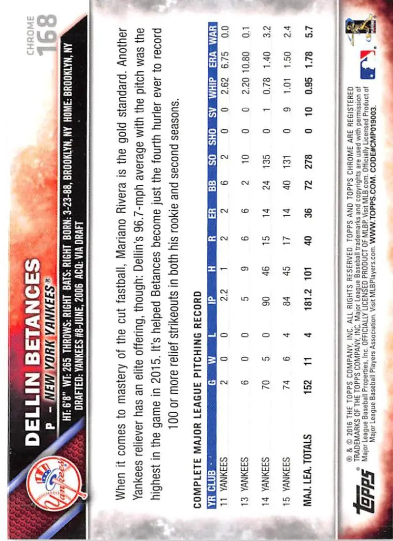2016 Topps Chrome #168 Dellin Betances NM-MT New York Yankees Baseball Card - Baseball Card Single