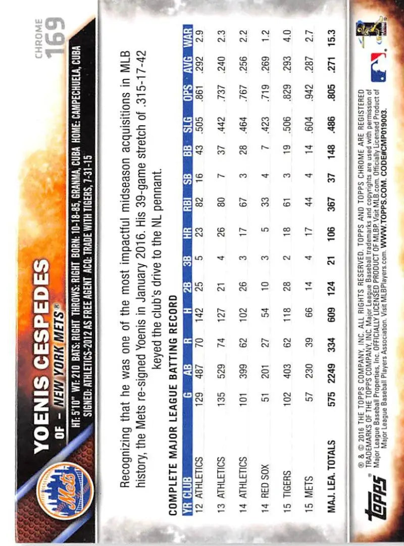 2016 Topps Chrome #169 Yoenis Cespedes NM-MT New York Mets Baseball Card - Baseball Card Single