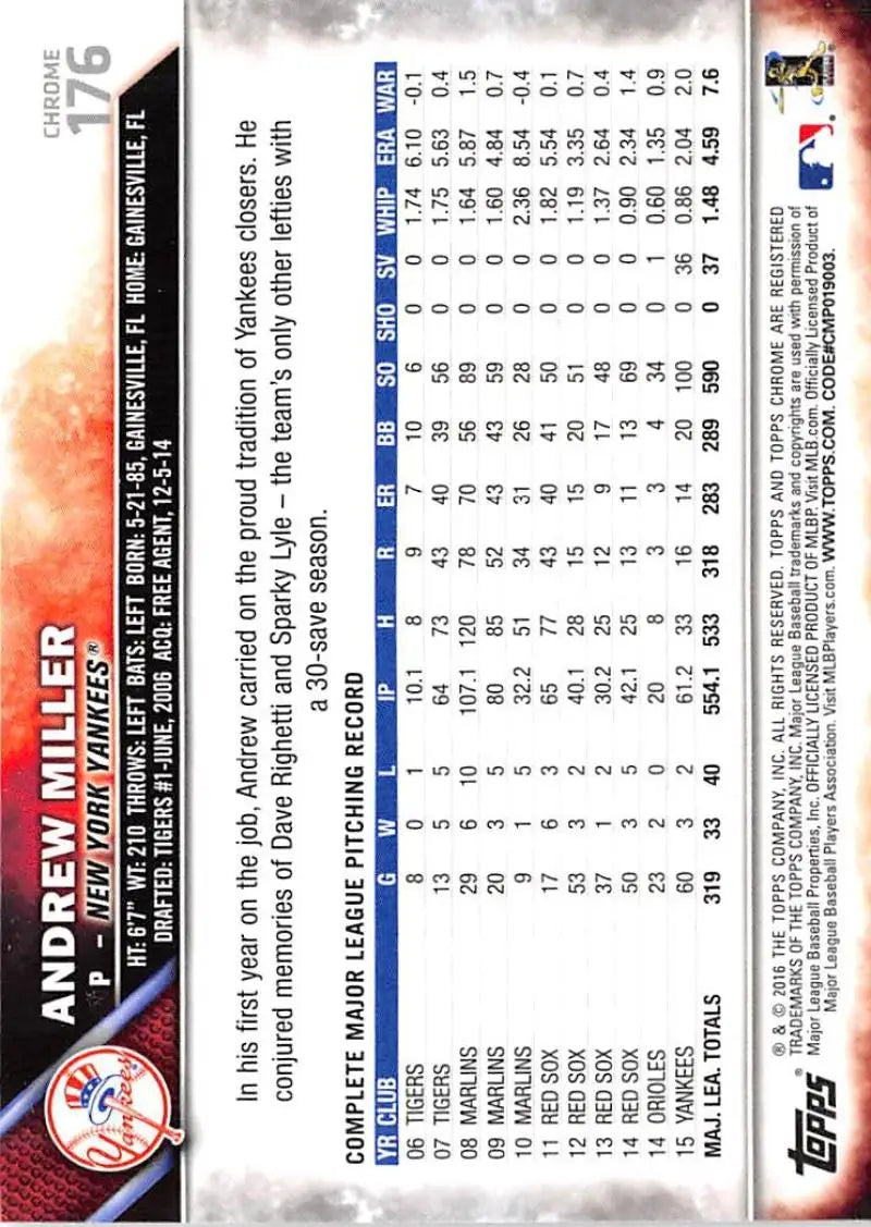 2016 Topps Chrome #176 Andrew Miller NM-MT New York Yankees Baseball Card - Baseball Card Single