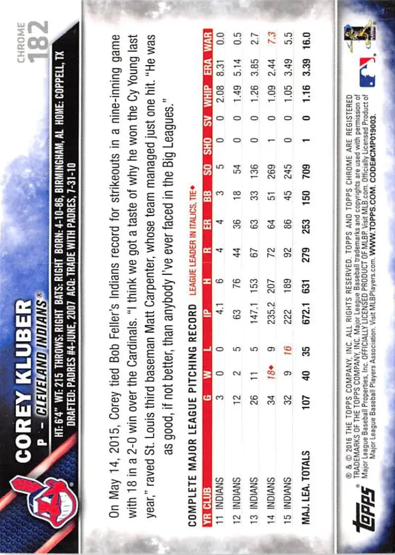 2016 Topps Chrome #182 Corey Kluber NM-MT Cleveland Indians Baseball Card - Baseball Card Single