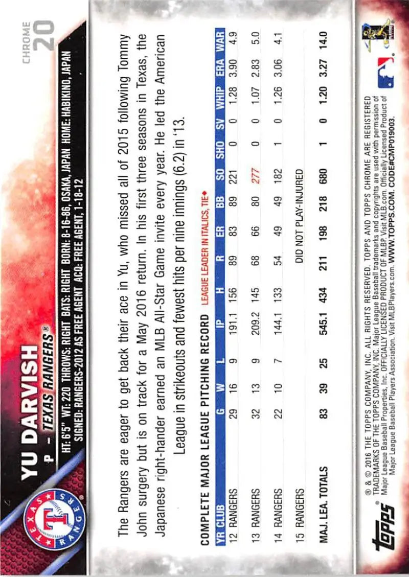 2016 Topps Chrome #20 Yu Darvish NM-MT Texas Rangers Baseball Card - Baseball Card Single