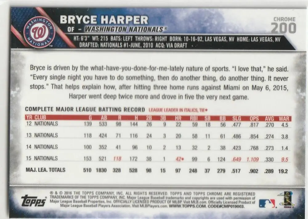 2016 Topps Chrome #200 Bryce Harper NM-MT Washington Nationals Baseball Card - Baseball Card Single