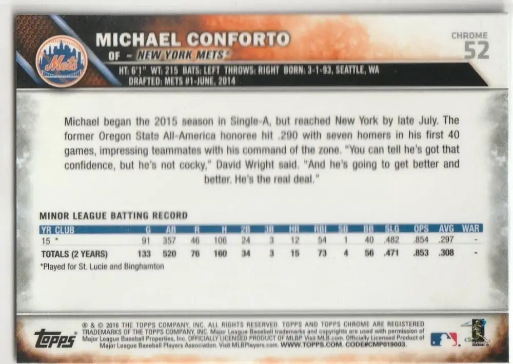 2016 Topps Chrome #52 Michael Conforto EX Excellent RC Rookie New York Mets Baseball Card - Baseball Card Single
