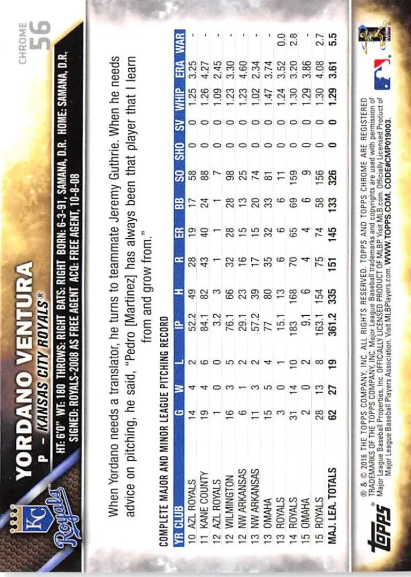 2016 Topps Chrome #56 Yordano Ventura EX Excellent Kansas City Royals Baseball Card - Baseball Card Single