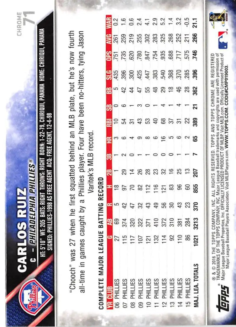 2016 Topps Chrome #71 Carlos Ruiz EX Excellent Philadelphia Phillies Baseball Card - Baseball Card Single
