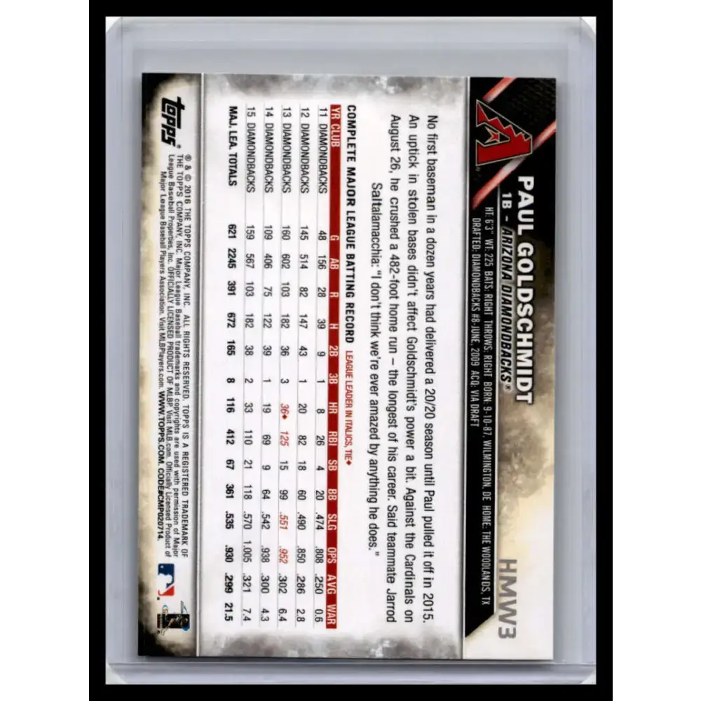 2016 Topps Holiday #HMW3 Paul Goldschmidt NM-MT Arizona Diamondbacks Baseball Card - Baseball Card Single