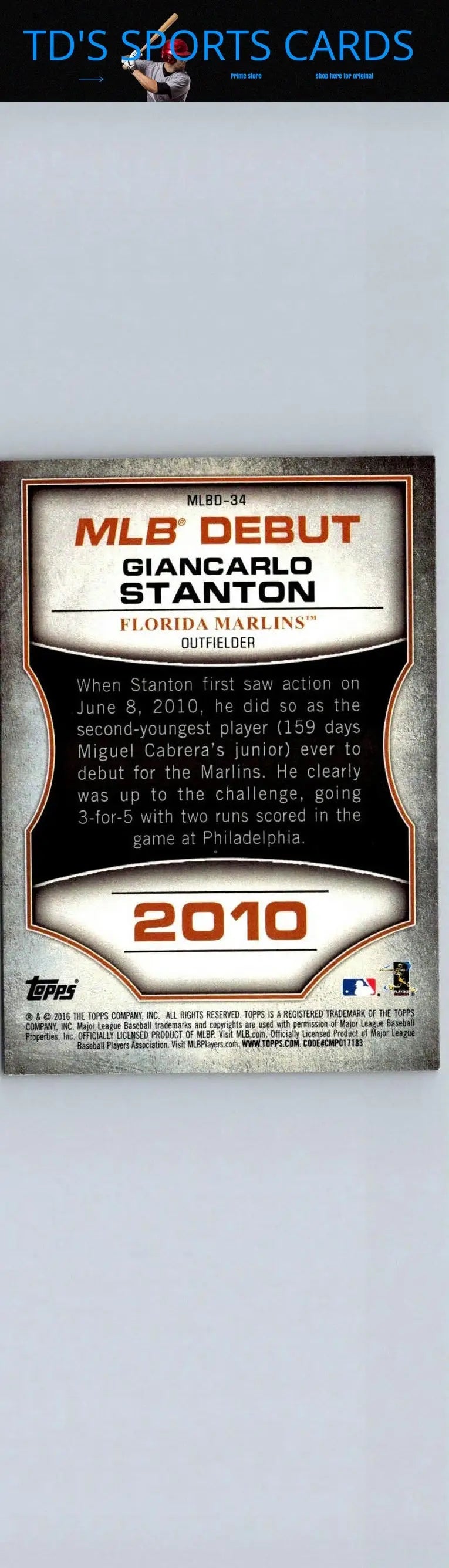 Baseball card back for Giancarlo Stanton MLB Debut Silver from 2016 Topps Series 1