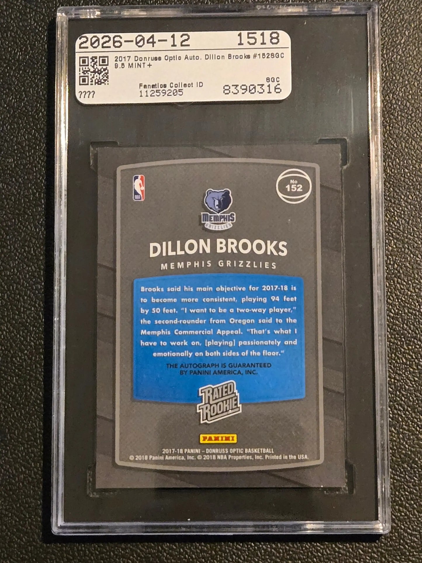 2017-18 Donruss Optic #152 Dillon Brooks Rated Rookies Signatures SGC 9.5 - Basketball Card Single
