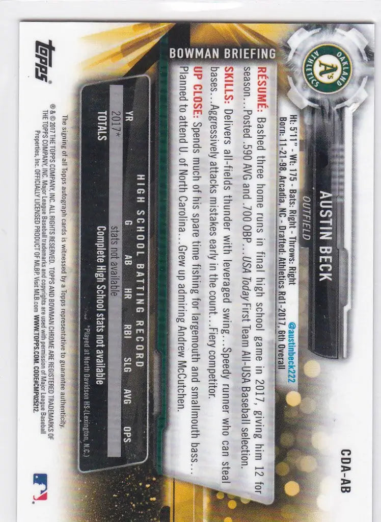 Austin Beck Auto baseball trading card with player stats from 2017 Bowman Chrome