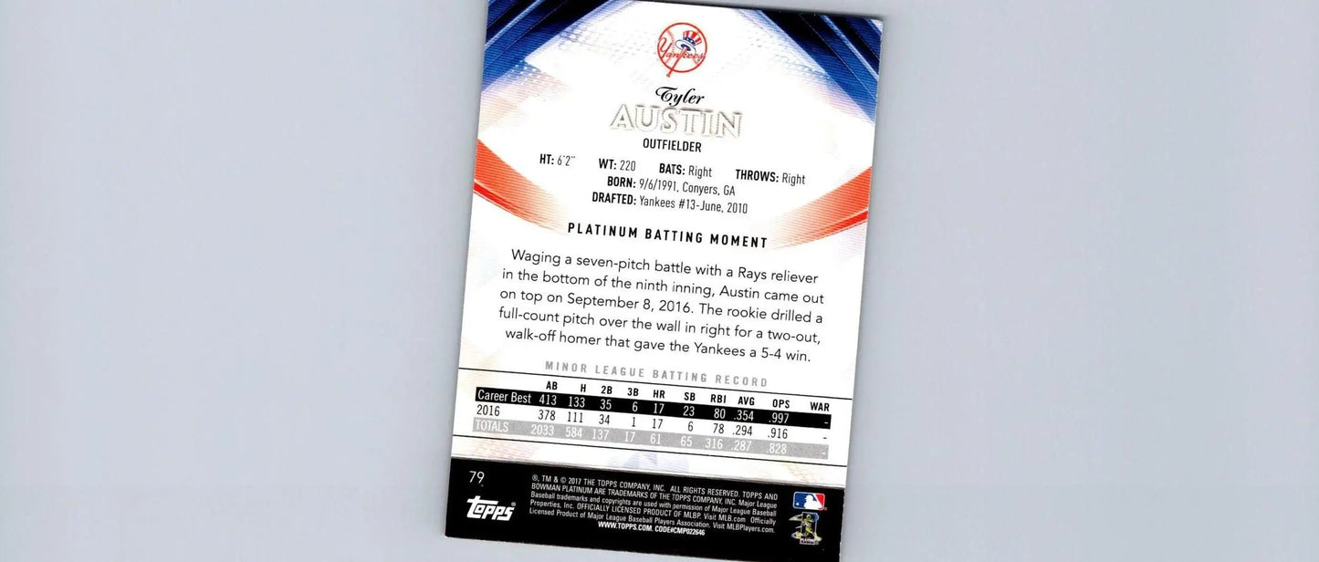 2017 Bowman Platinum #79 Tyler Austin trading card featuring a dynamic player image