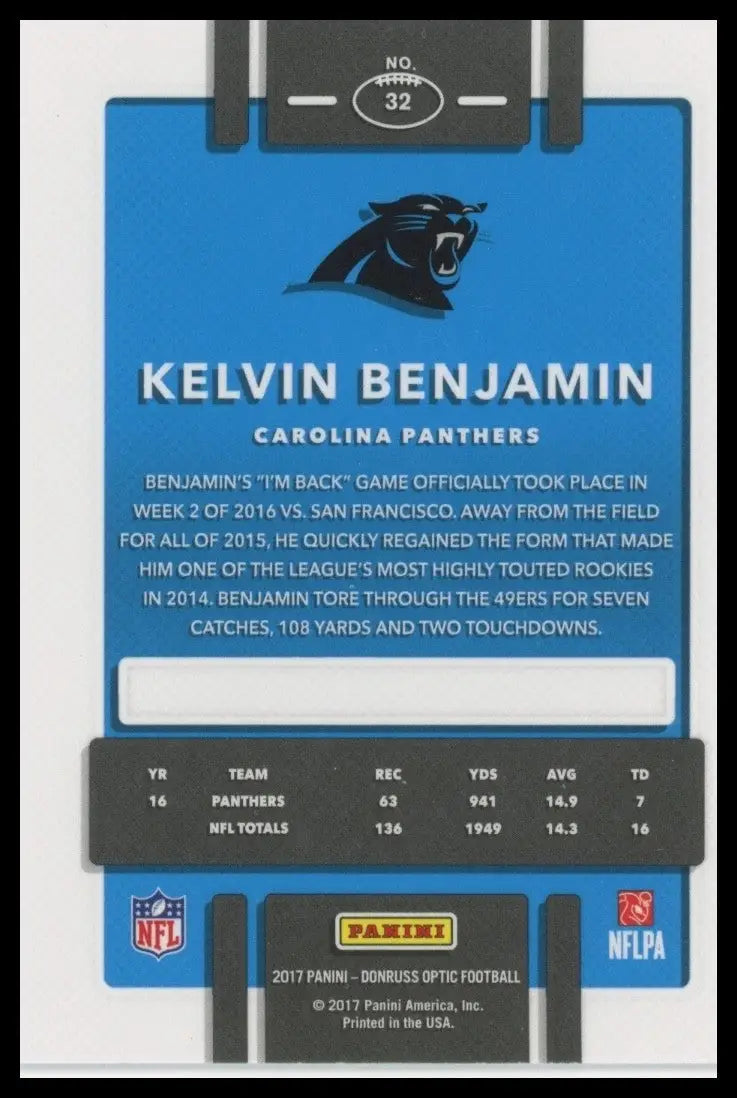 2017 Donruss Optic Kelvin Benjamin #32 Carolina Panthers Football Card NFL Sport