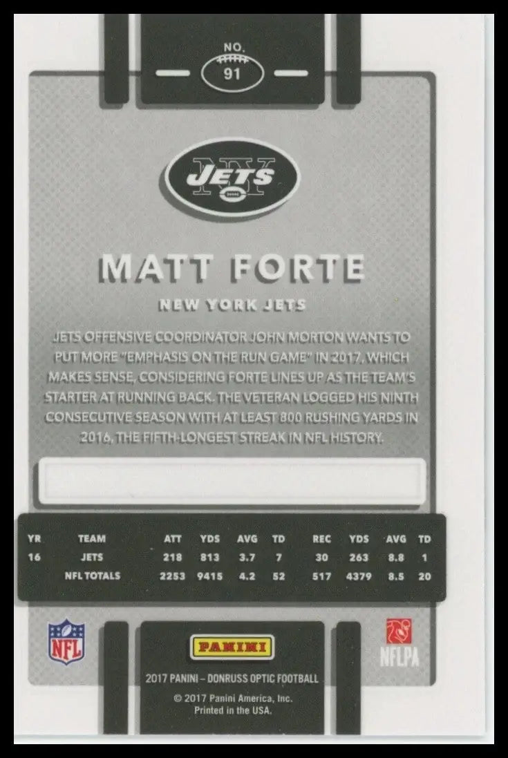 2017 Donruss Optic Matt Forte #91 New York Jets Football Card NFL Sports - Football Card Single