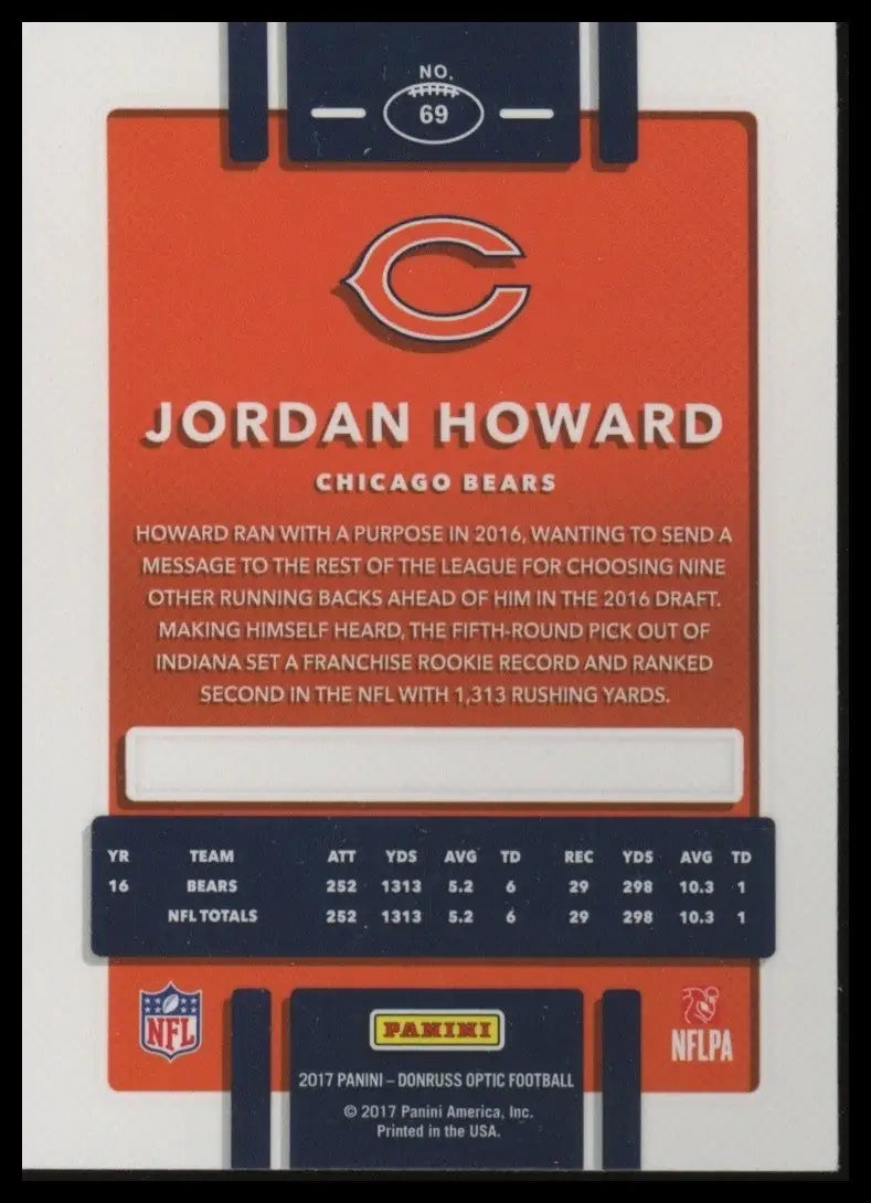 2017 Panini Donruss Optic Jordan Howard #69 Chicago Bears Football Card NFL - Football Card Single