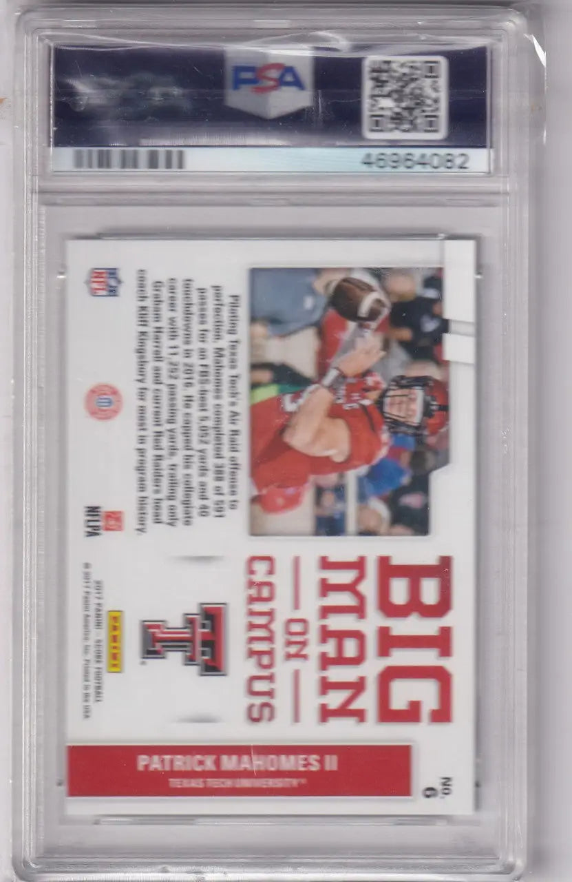 PSA-graded 2017 Panini Score Big Man on Campus Patrick Mahomes card in clear case