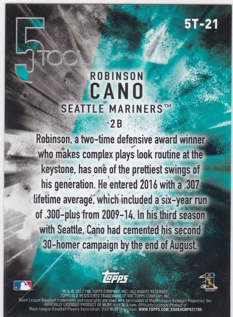 Baseball trading card of Robinson Cano Seattle Mariners from 2017 Topps 5 Tool