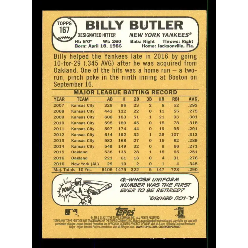 2017 Topps Heritage #167 Billy Butler NM-MT New York Yankees Baseball Card - Baseball Card Single