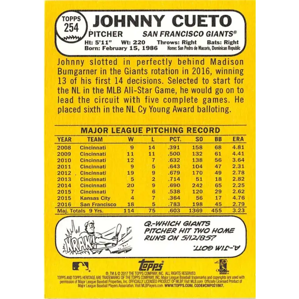 2017 Topps Heritage #254 Johnny Cueto NM-MT San Francisco Giants Baseball Card - Baseball Card Single