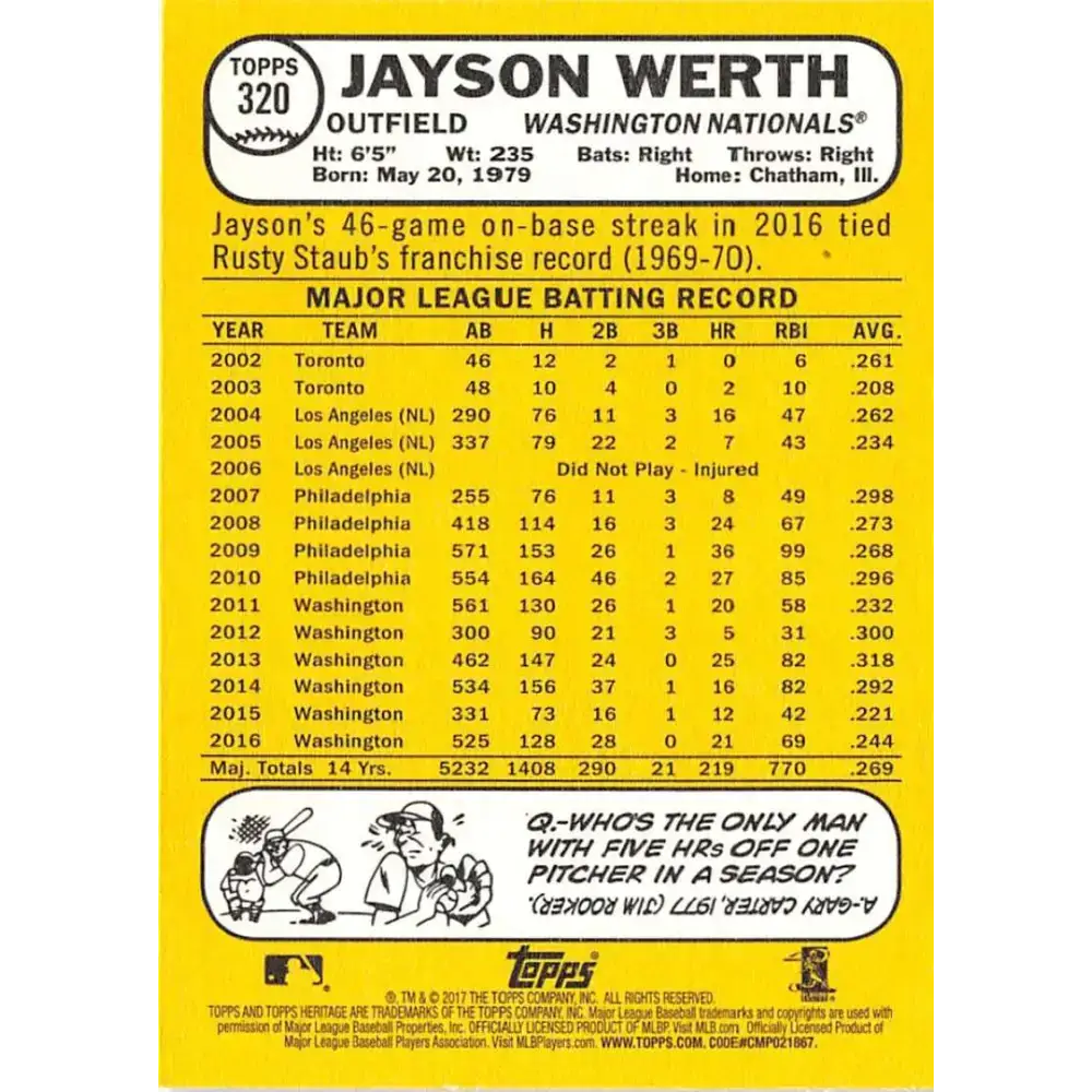 2017 Topps Heritage #320 Jayson Werth NM-MT Washington Nationals Baseball Card - Baseball Card Single