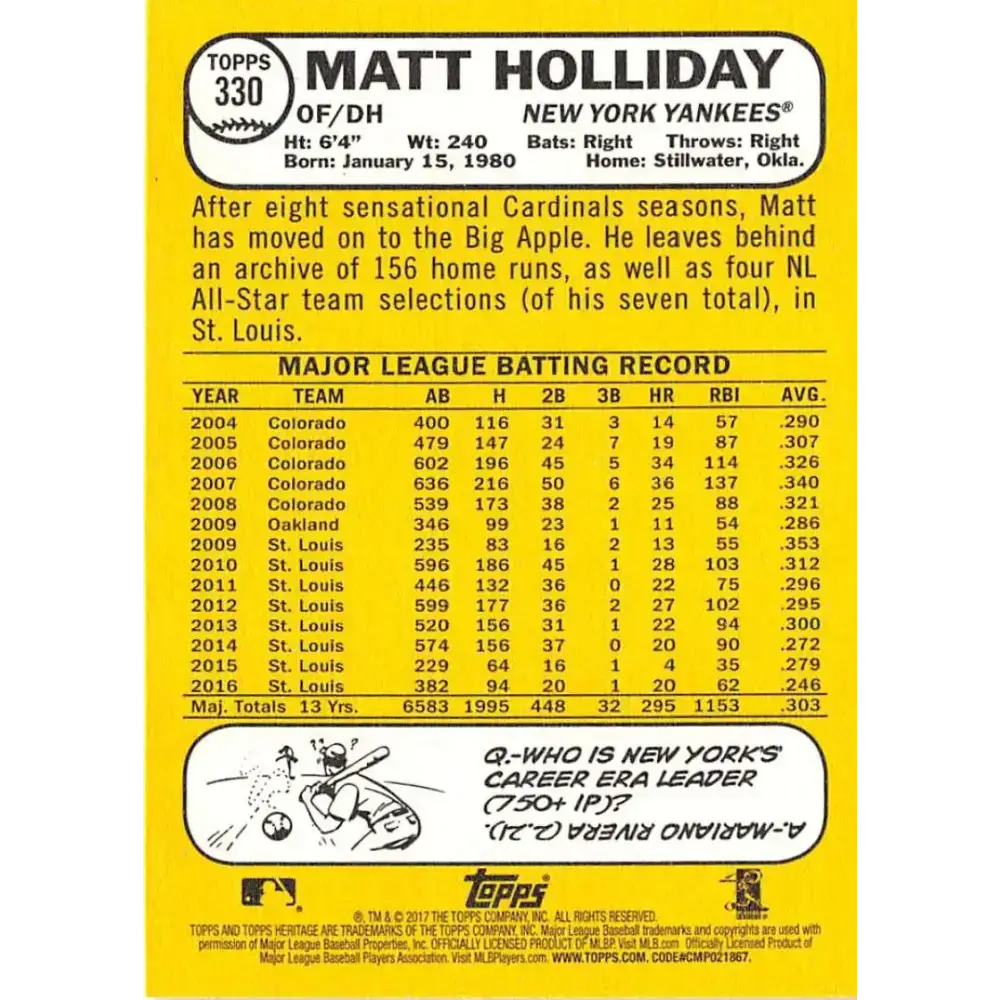 2017 Topps Heritage #330 Matt Holliday NM-MT New York Yankees Baseball Card - Baseball Card Single