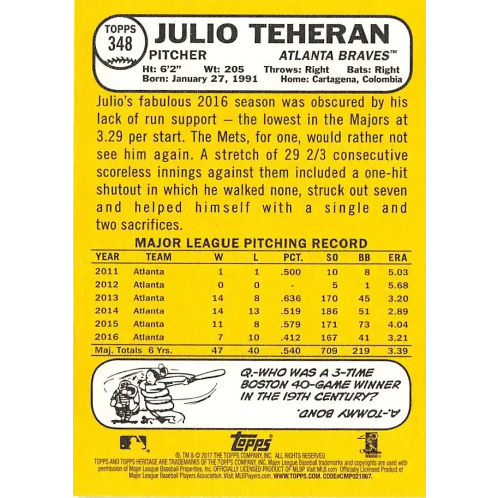 2017 Topps Heritage #348 Julio Teheran NM-MT Atlanta Braves Baseball Card - Baseball Card Single