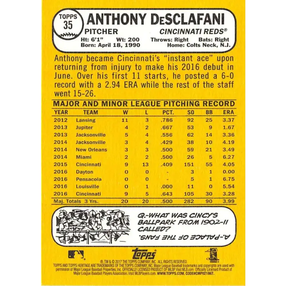 2017 Topps Heritage #35 Anthony DeSclafani NM-MT Cincinnati Reds Baseball Card - Baseball Card Single
