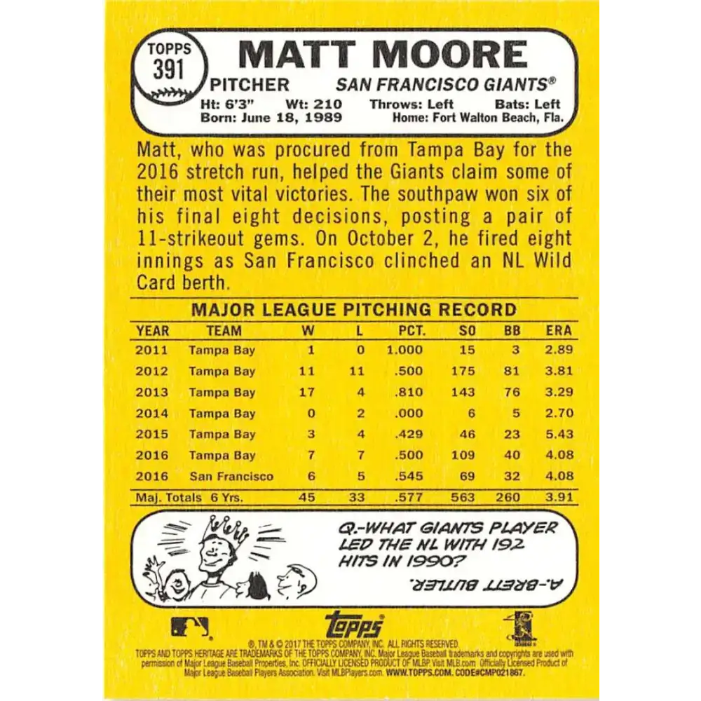 2017 Topps Heritage #391 Matt Moore NM-MT San Francisco Giants Baseball Card - Baseball Card Single