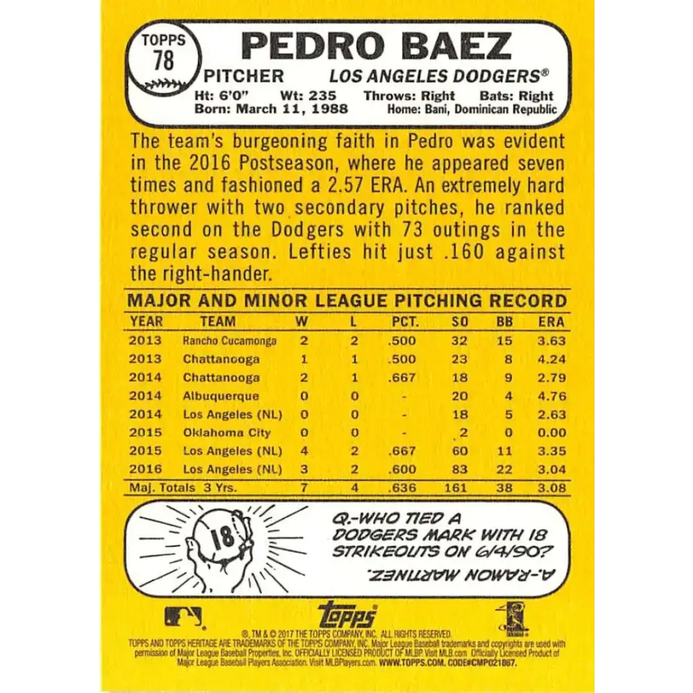 2017 Topps Heritage #78 Pedro Baez NM-MT Los Angeles Dodgers Baseball Card - Baseball Card Single